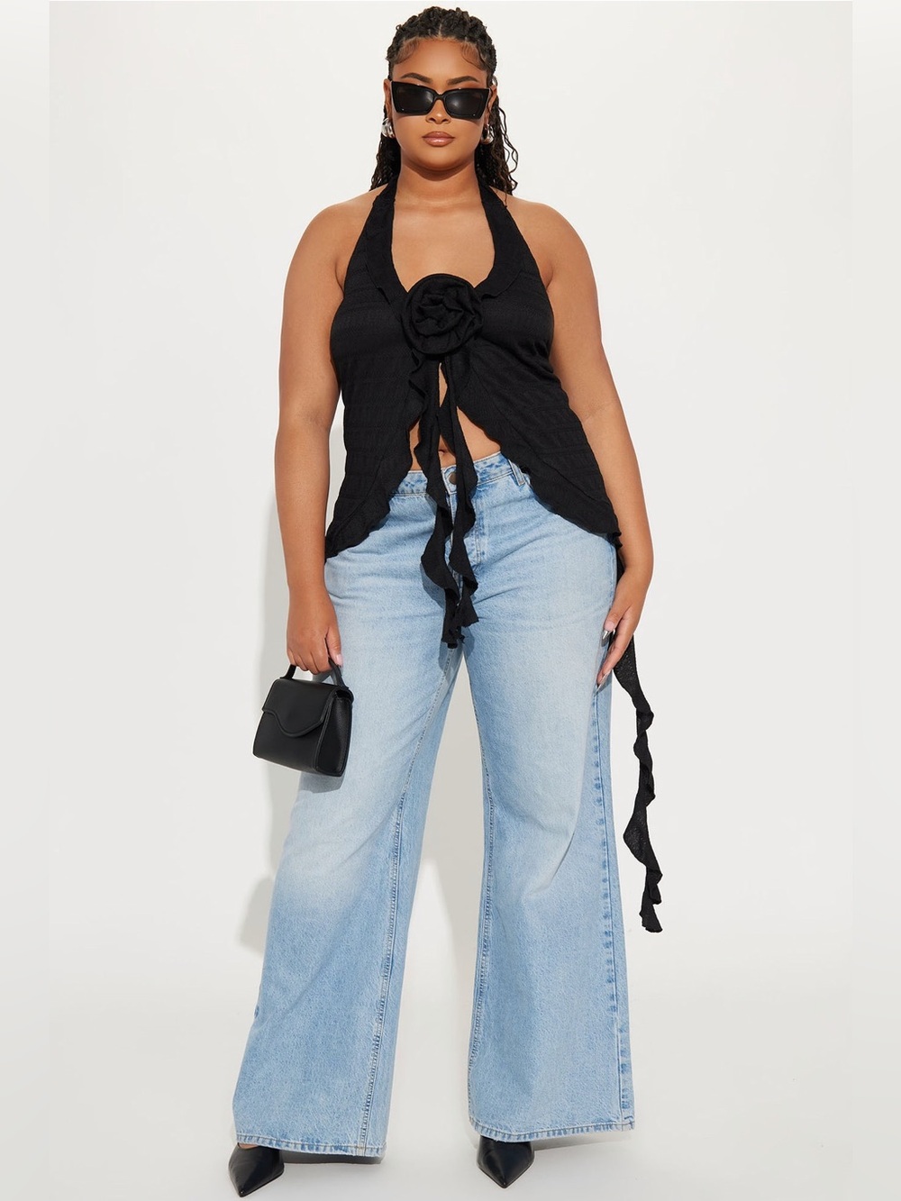 Fashion Nova Black Halter Rose Tie-Front Top